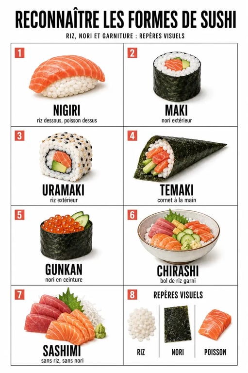 Nom de sushi : comparaison visuelle des principales formes de sushi, nigiri, maki, uramaki, temaki, gunkan, chirashi et sashimi