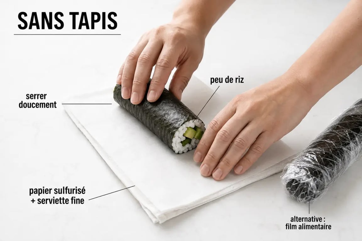 Rouler les sushis sans tapis avec papier sulfurisé et film alimentaire