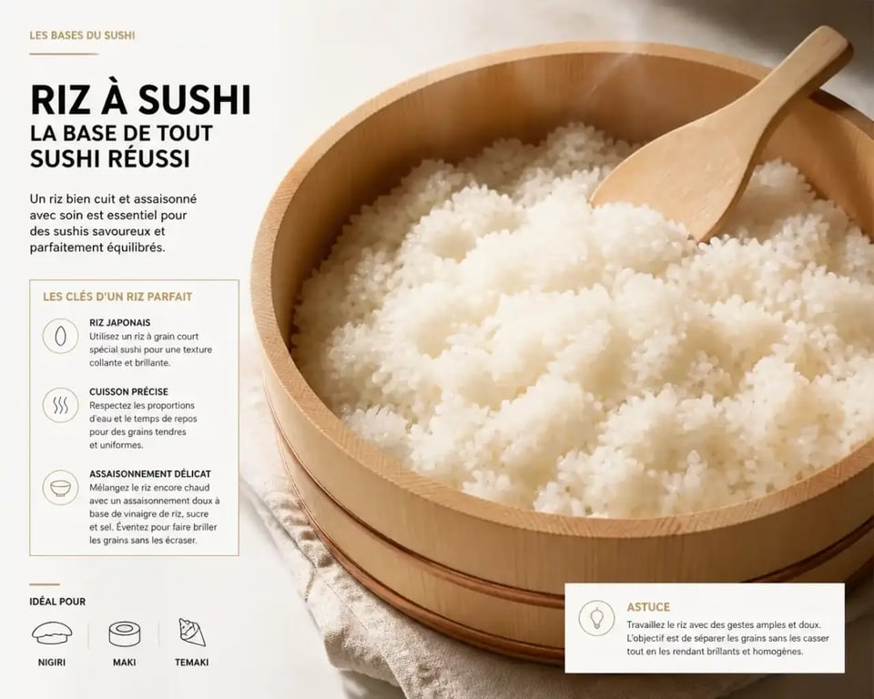 Riz assaisonné avec du vinaigre pour riz sushi dans un plat en bois traditionnel