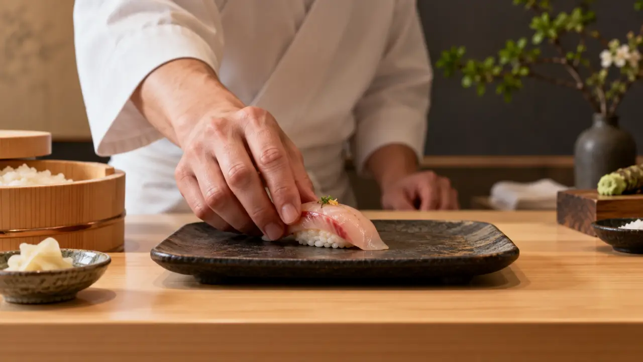 Nigiri japonais présenté sur une céramique artisanale sombre