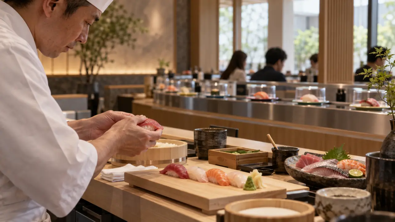Nigiri présenté sur une céramique artisanale sombre, dans l'esprit wabi-sabi
