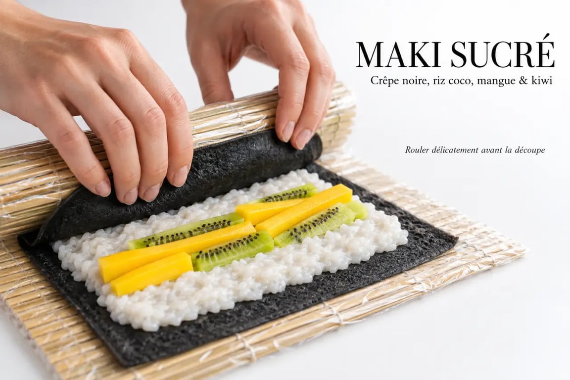 Montage et roulage d’un sushi sucré avec riz de coco et fruits