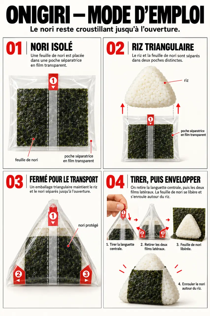 Emballage onigiri de type konbini avec séparation du nori et ouverture en quatre étapes