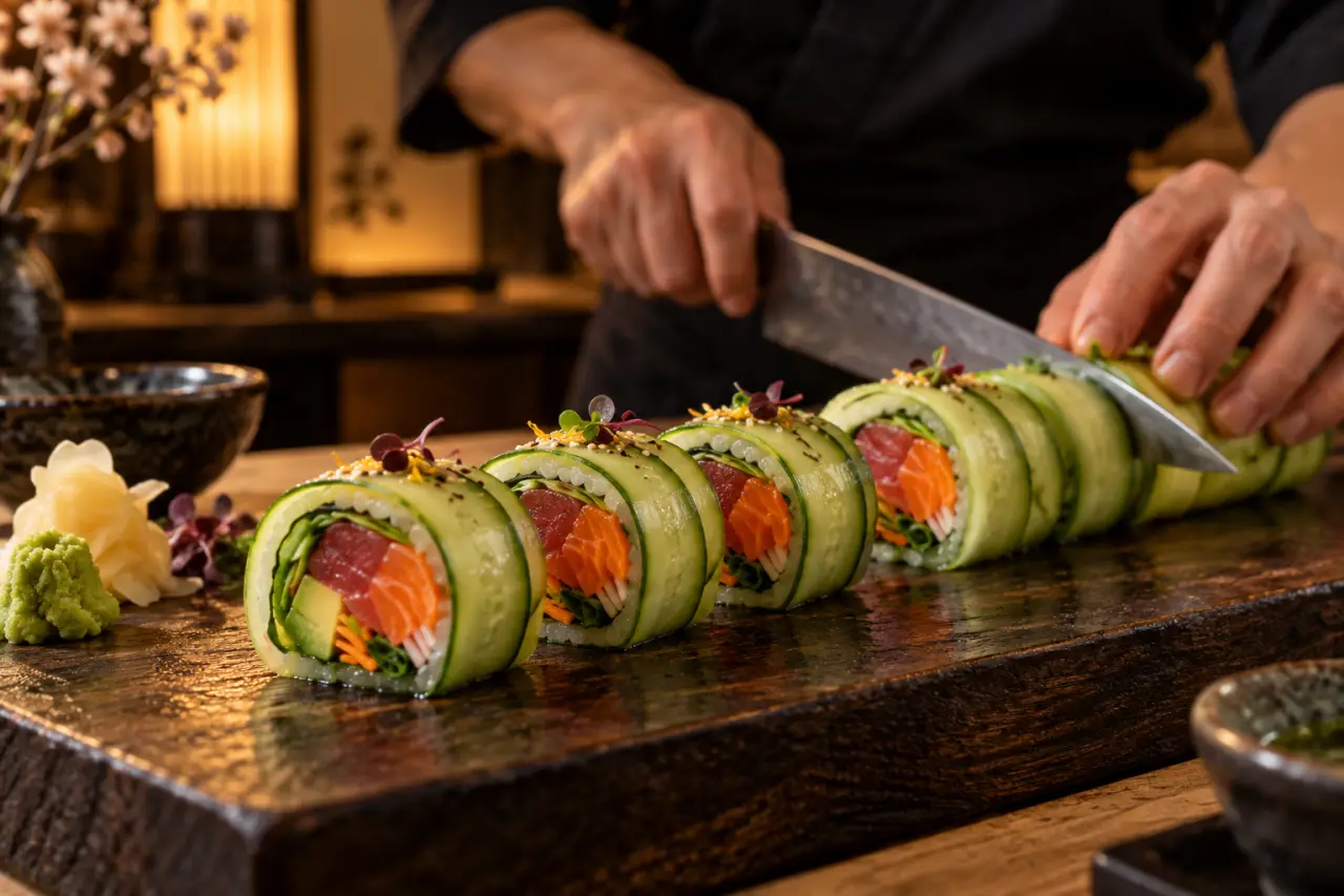 Sushi sans riz : le rouleau de concombre qui reste ferme à la découpe
