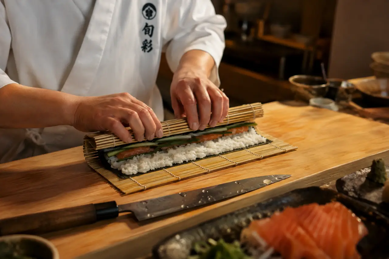 Rouler les sushis sans les écraser : riz tiède, natte et couteau humide