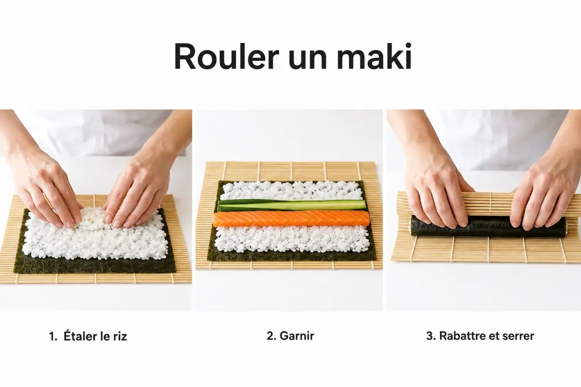 Rouler les sushis avec une natte en bambou, étapes de serrage et fermeture du maki