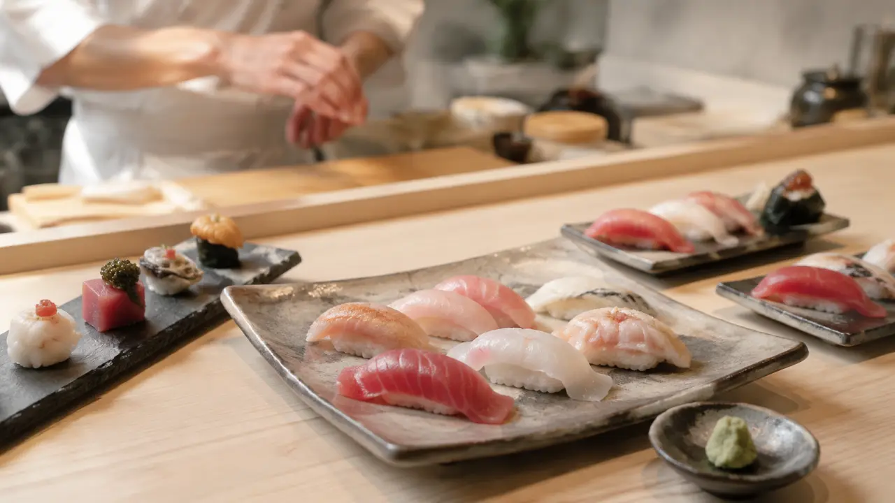 Nigiri de saison présenté sur une céramique artisanale sombre