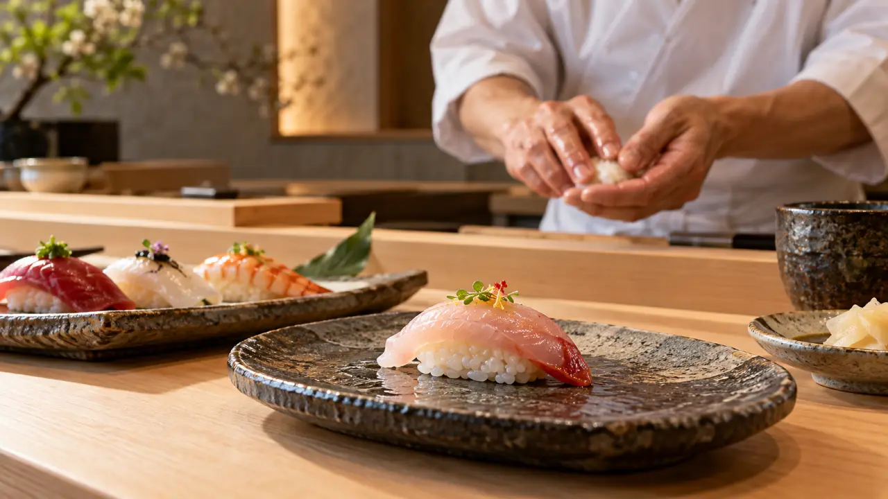 Nigiri délicat posé sur une céramique sombre, au cœur d'une expérience omakase
