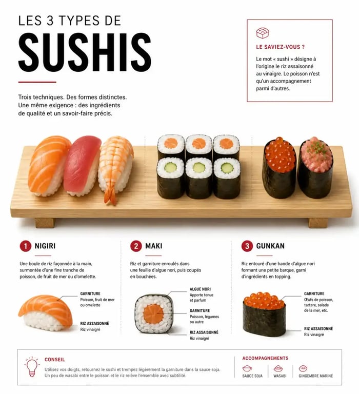Différents types de sushis : nigiri, maki et gunkan présentés de manière pédagogique.