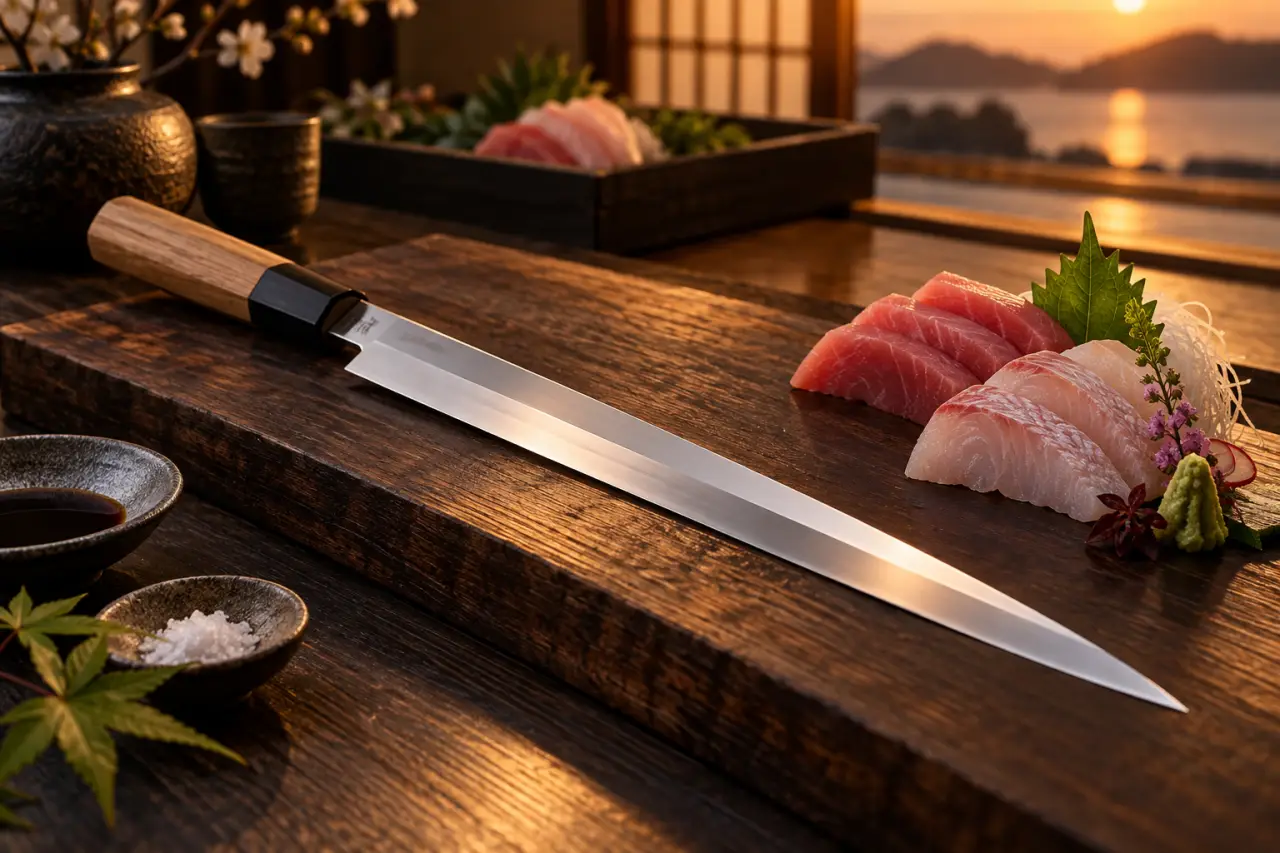 Le couteau à sushi est un Yanagiba, avec 24 cm pour trancher net