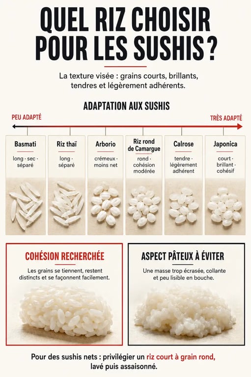 Quel riz pour les sushis : comparaison visuelle des riz Japonica, Calrose, Arborio, rond, basmati et thaï