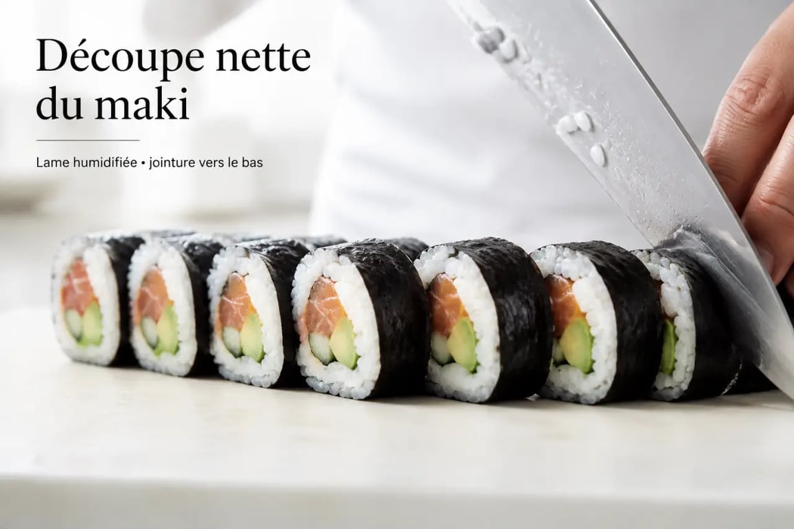 Rouler les sushis et découper un maki net avec un couteau humidifié