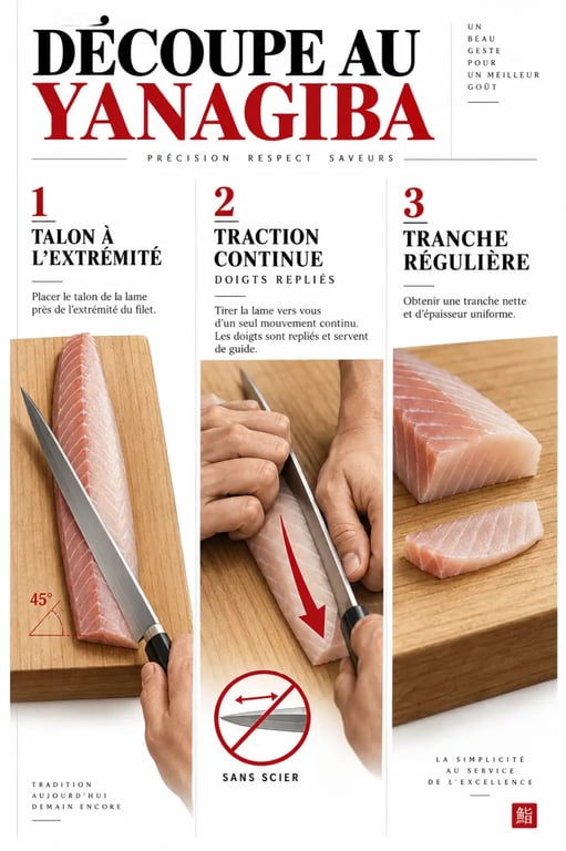 Geste de découpe au couteau sushi Yanagiba pour réaliser une tranche régulière de sashimi