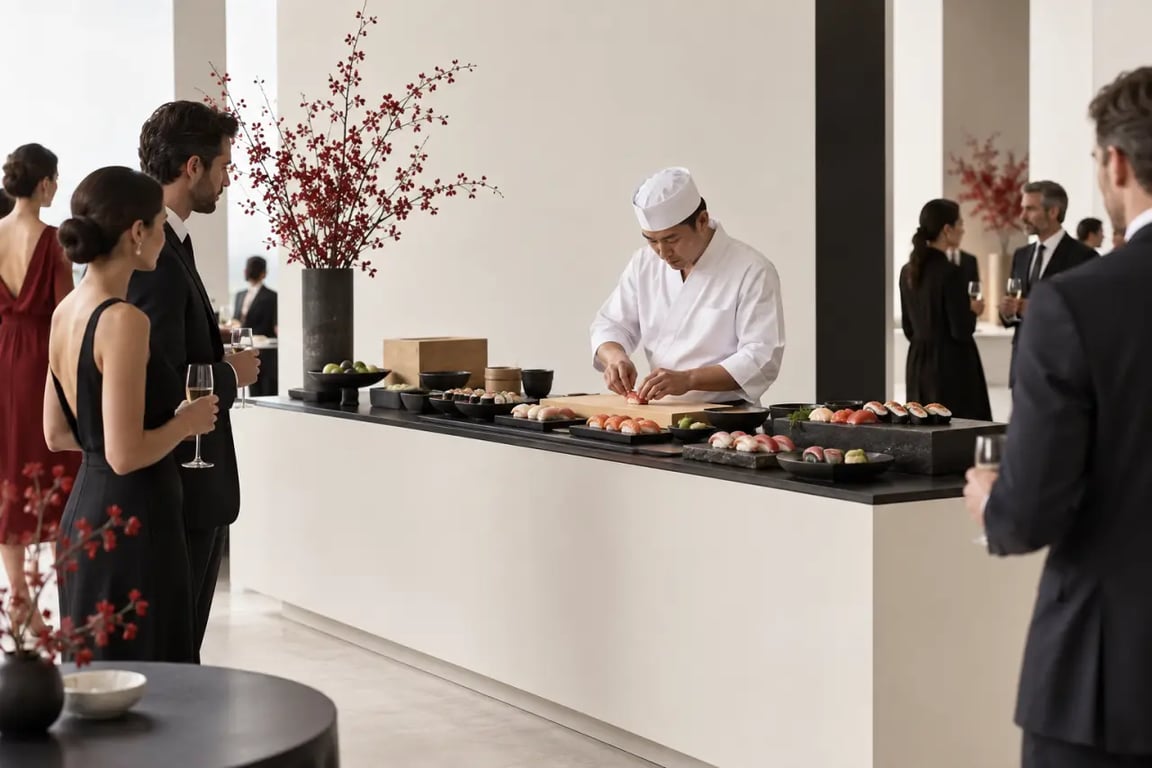 Traiteur japonais avec stand de sushi en direct pendant un cocktail