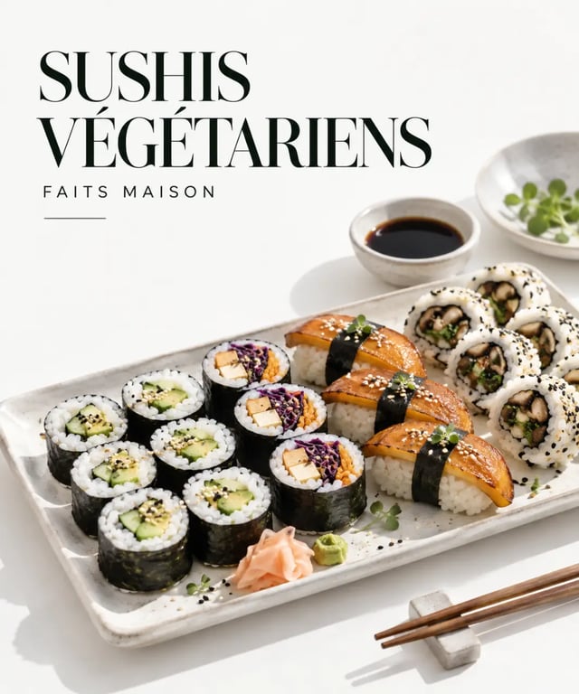 Plateau de sushi vegetarian maison avec makis, nigiris de patate douce et légumes frais