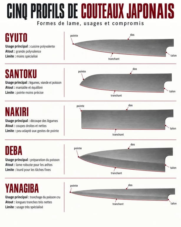 Comparatif visuel des profils de couteau chef japonais gyuto, santoku, nakiri, deba et yanagiba