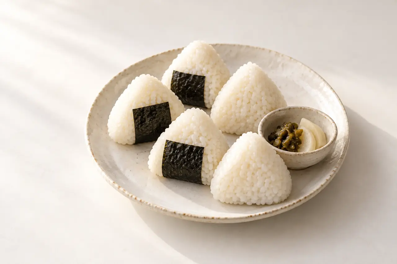 Riz onigiri japonais maison en triangles avec nori et garnitures