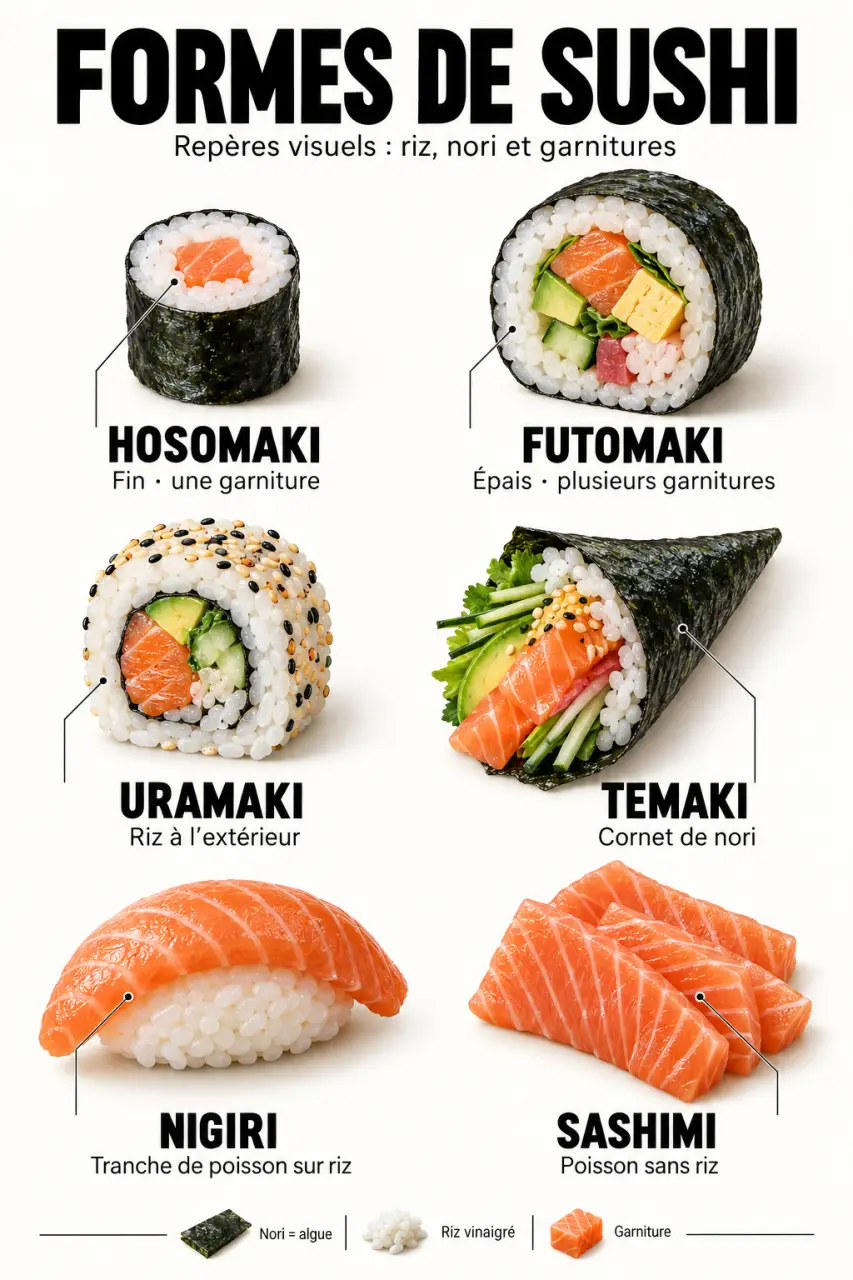 Infographie des différents types de maki sushi, nigiri, temaki et sashimi