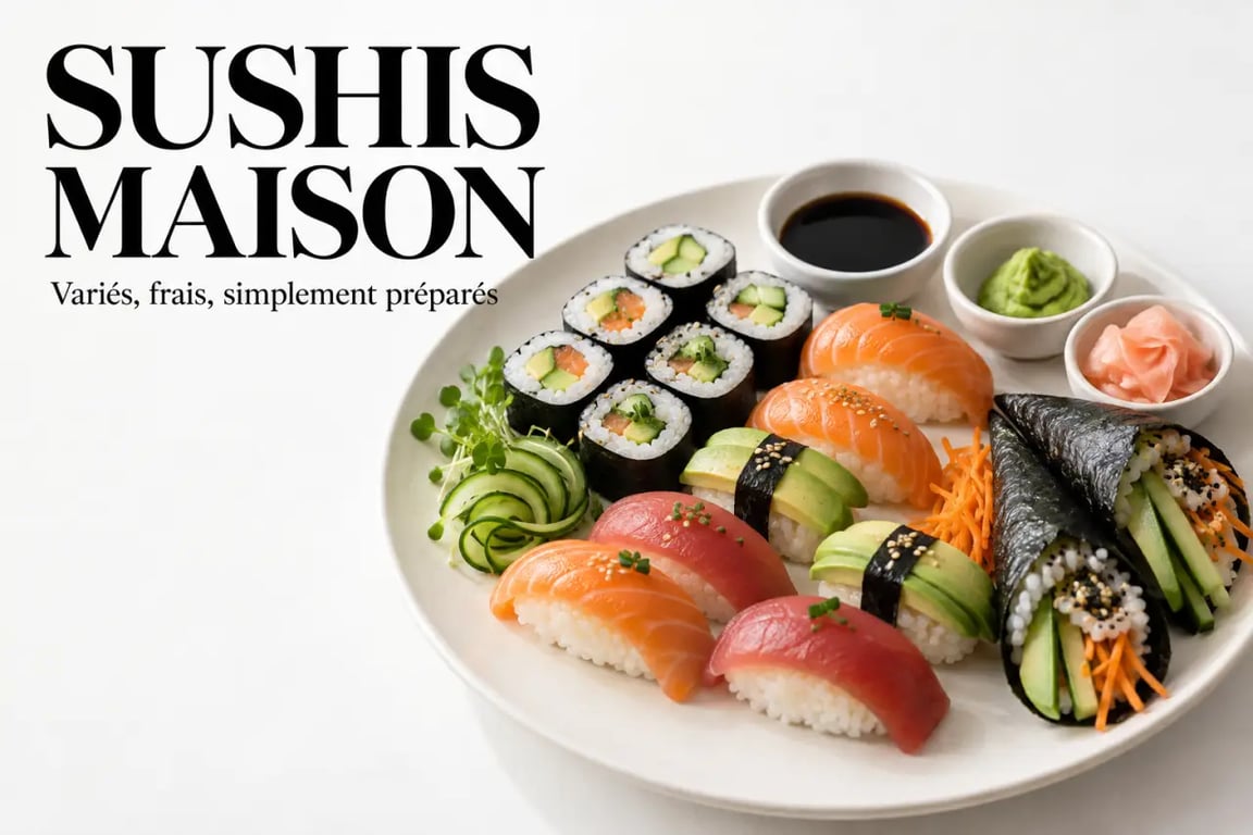 Plat sushi maison varié avec makis, nigiris et garnitures végétariennes