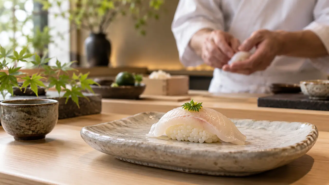 Nigiri de saison présenté sur une céramique artisanale sombre