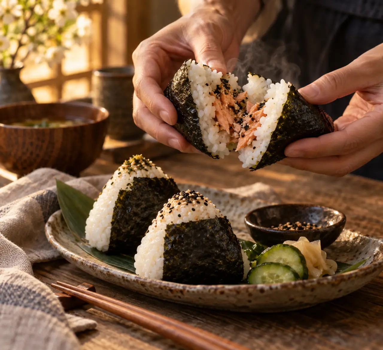 Onigiri maison : le riz tiède et la garniture au centre font la différence