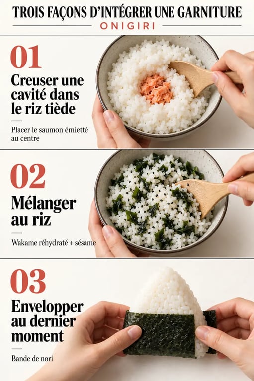 Garniture onigiri au centre ou mélangée dans le riz, puis façonnage et ajout du nori