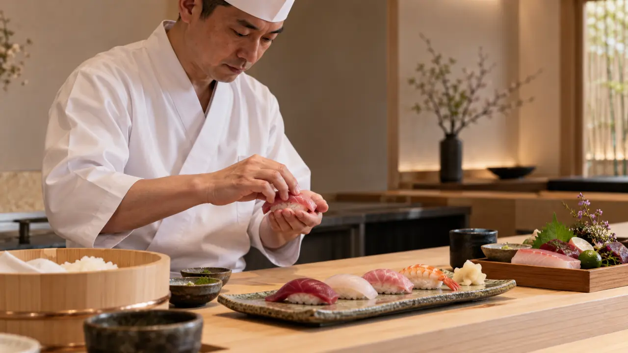 Nigiri raffiné présenté sur une céramique artisanale sombre