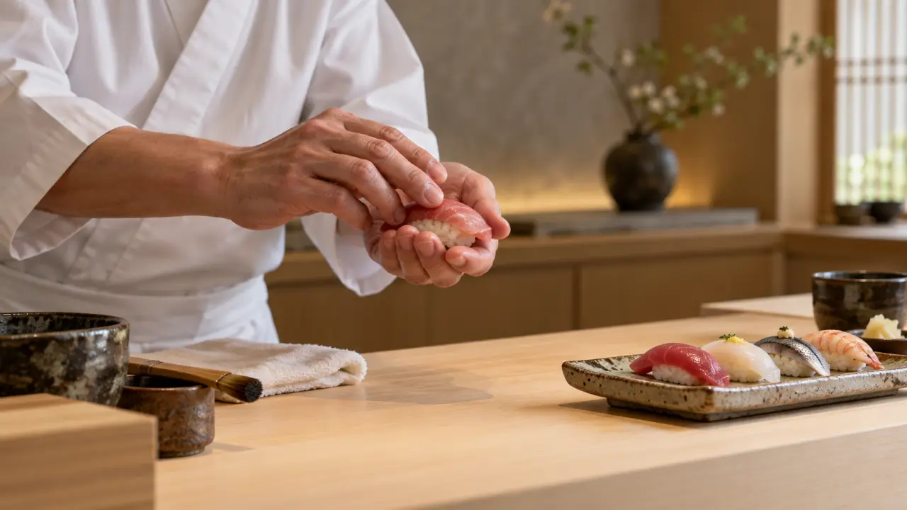 Nigiri de sushi présenté sur une céramique sombre, dans une lumière douce