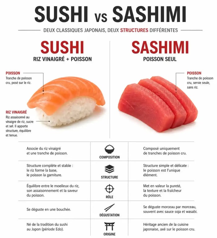 Comparaison visuelle entre sushi et sashimi pour comprendre la différence fondamentale.