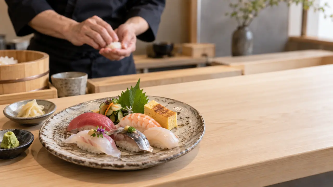 Nigiri saisonnier présenté sur une céramique artisanale sombre