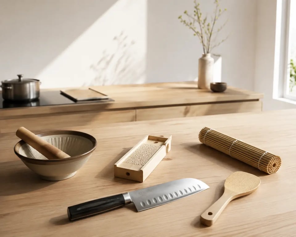 Ustensiles de cuisine japonais essentiels avec santoku, shamoji, makisu et suribachi sur un plan de travail