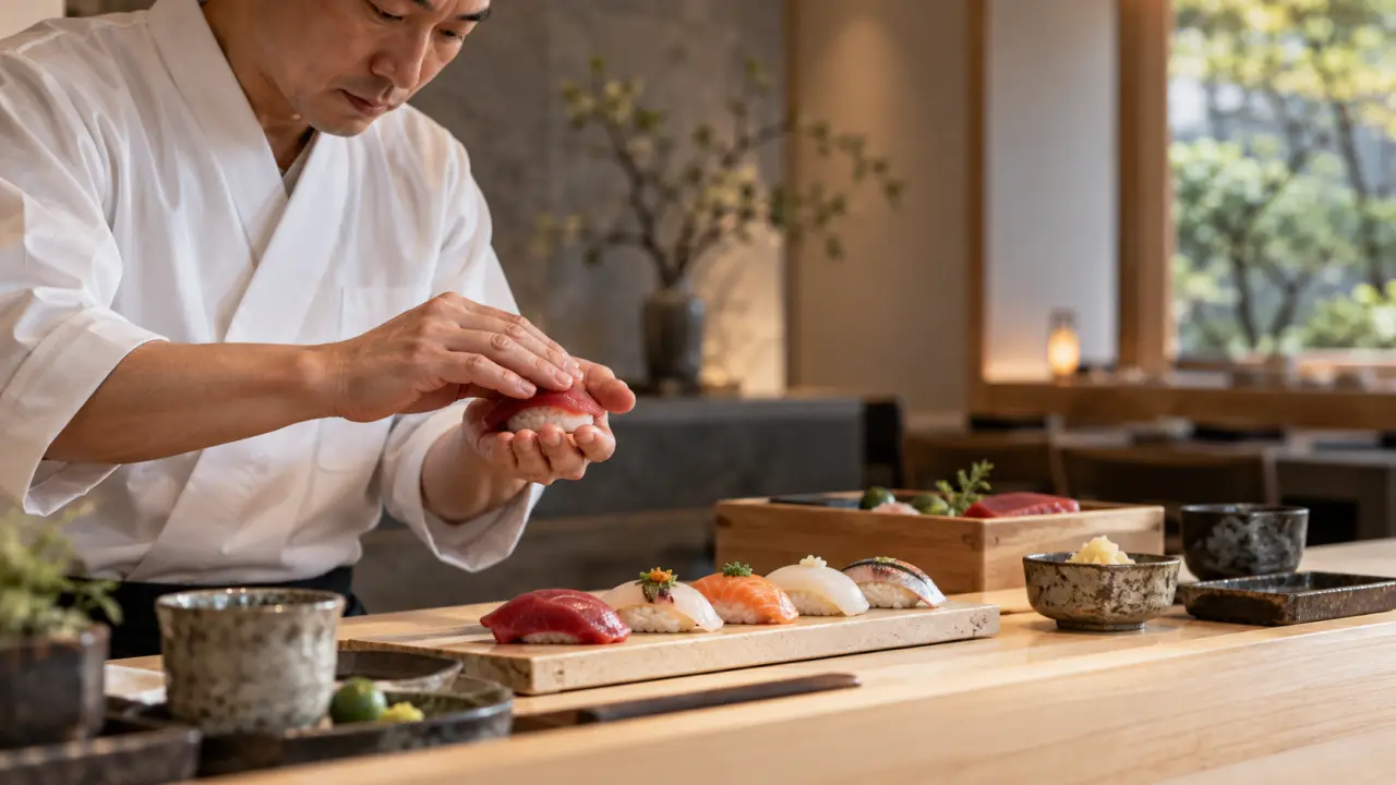 Nigiri japonais posé sur une céramique artisanale sombre