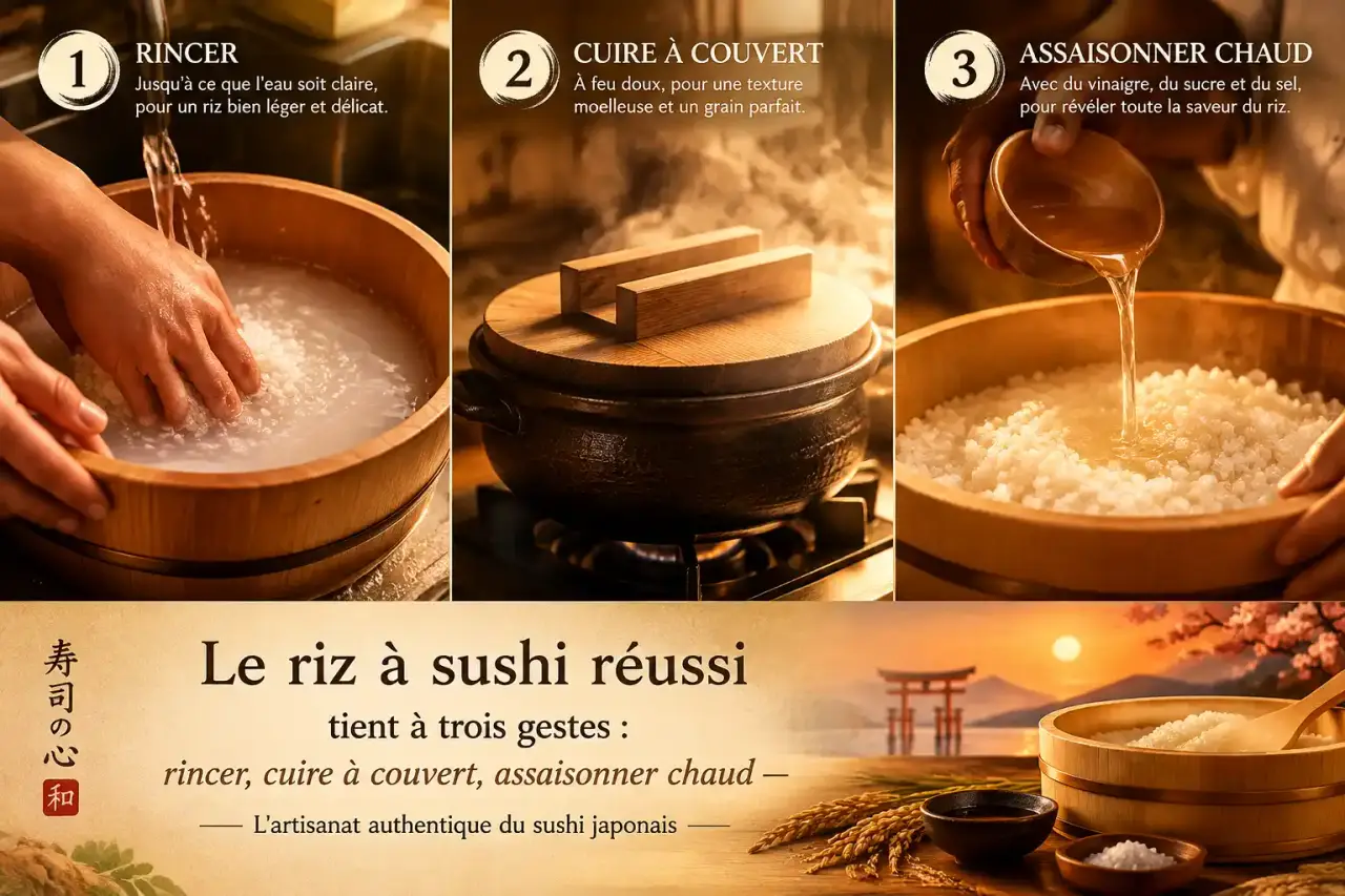 Le riz à sushi réussi tient à trois gestes : rincer, cuire à couvert, assaisonner chaud