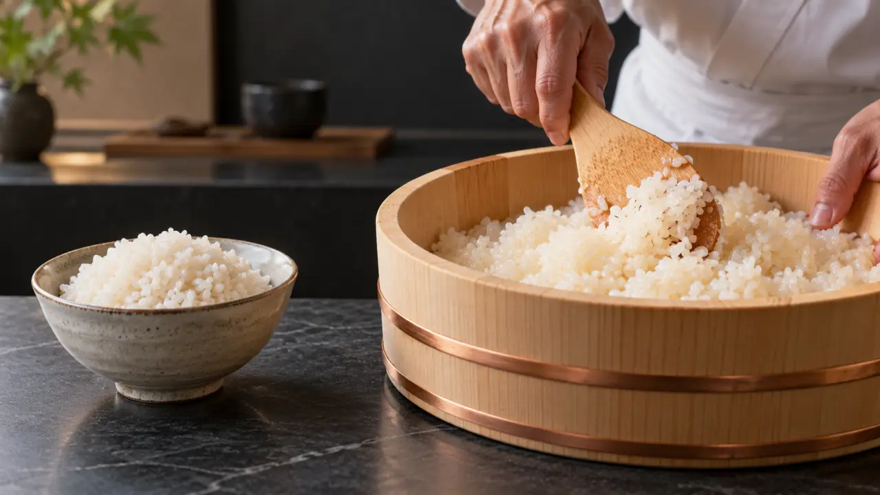 Nigiri de chef posé sur une céramique sombre, symbole de la précision du shari