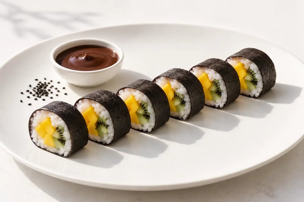 Sushi sucré au riz de coco, mangue et kiwi présenté en makis