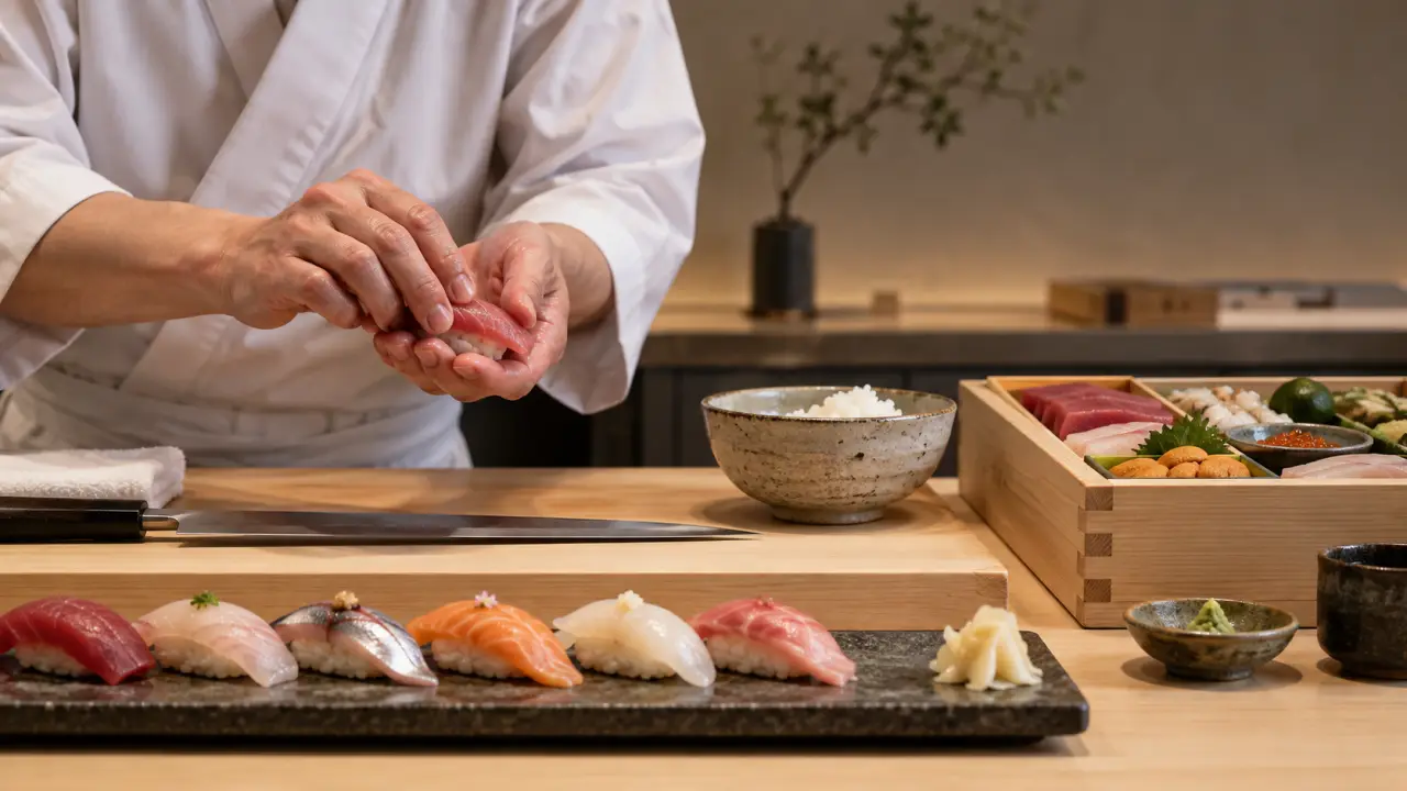 Nigiri de sushi présenté sur une céramique artisanale sombre