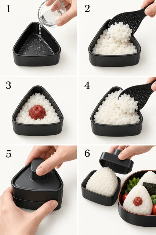 Étapes d’utilisation d’un moule onigiri pour garnir, presser et démouler le riz