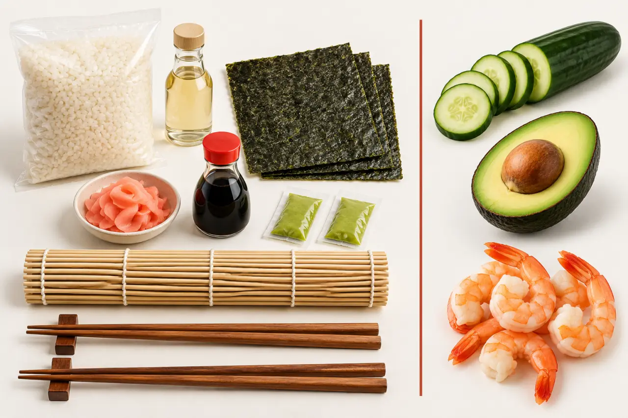 Contenu du kit sushi Tanoshi avec riz, algues nori, condiments, natte et baguettes