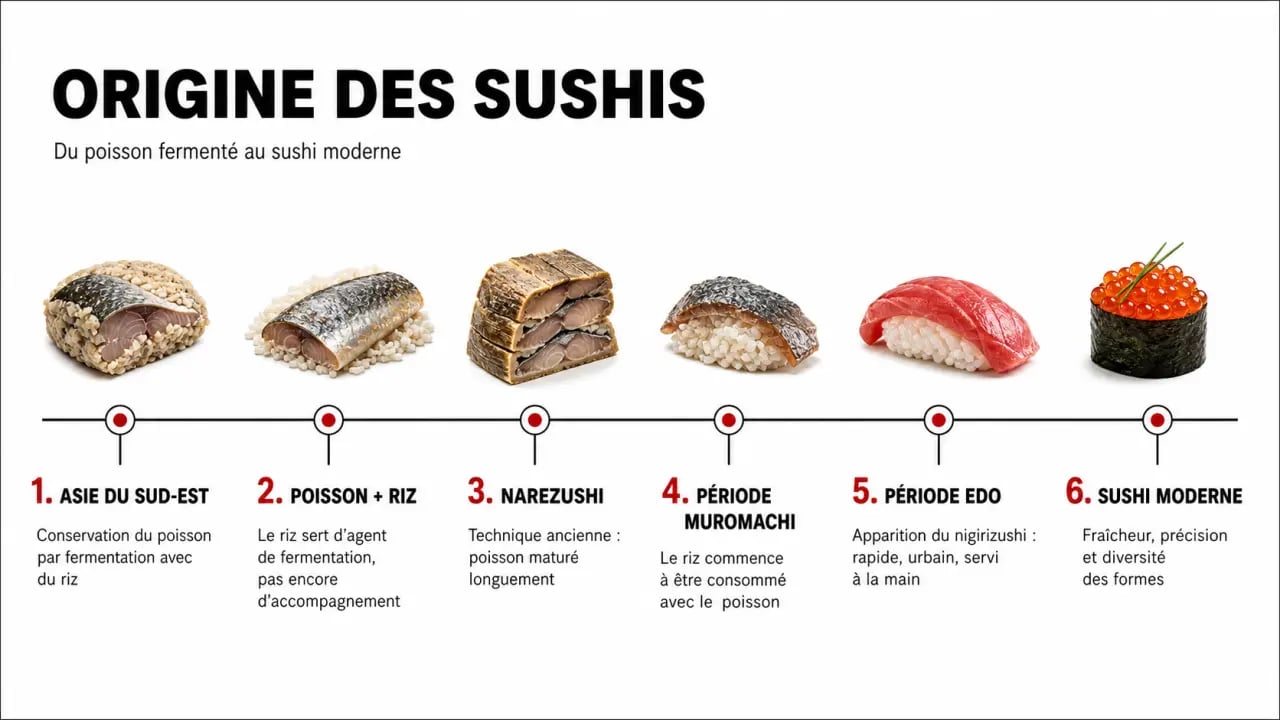 Origine des sushis : frise chronologique de l’évolution du sushi de la fermentation ancienne au nigirizushi moderne