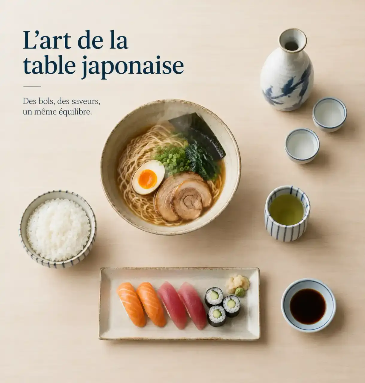 Vaisselle japonaise : bols à ramen et à riz, assiette à sushi, tasse yunomi et service à saké disposés selon leur usage