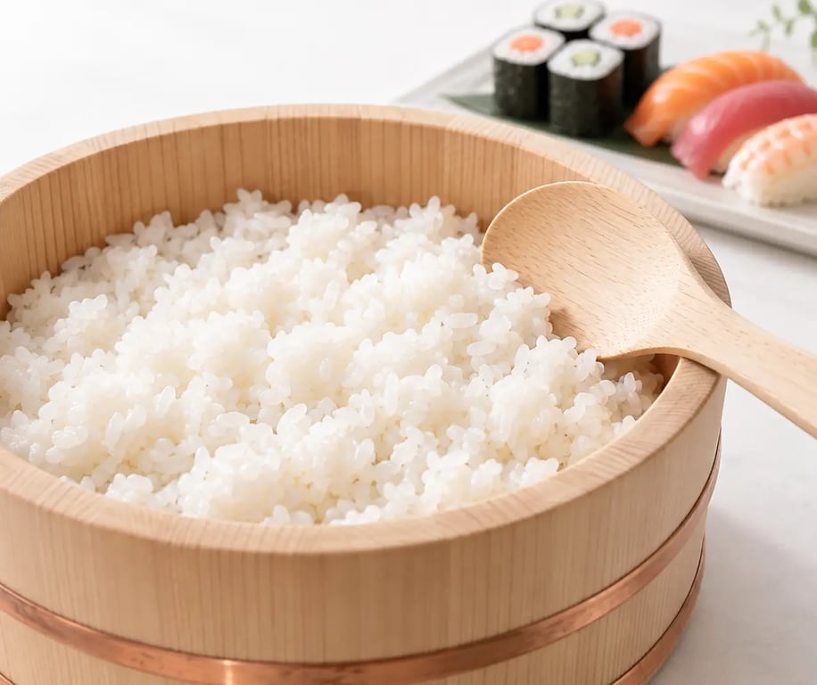 Préparation riz sushi avec grains brillants et légèrement collants dans un hangiri
