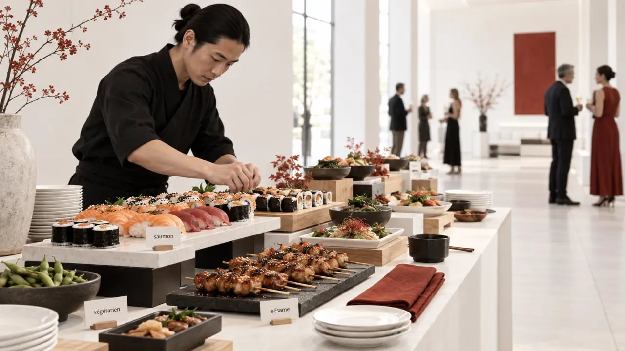 Traiteur japonais installant un buffet japonais pour une réception