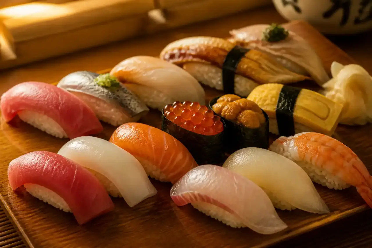 Un plat sushi repose sur le riz vinaigré, avec des formes et garnitures variées