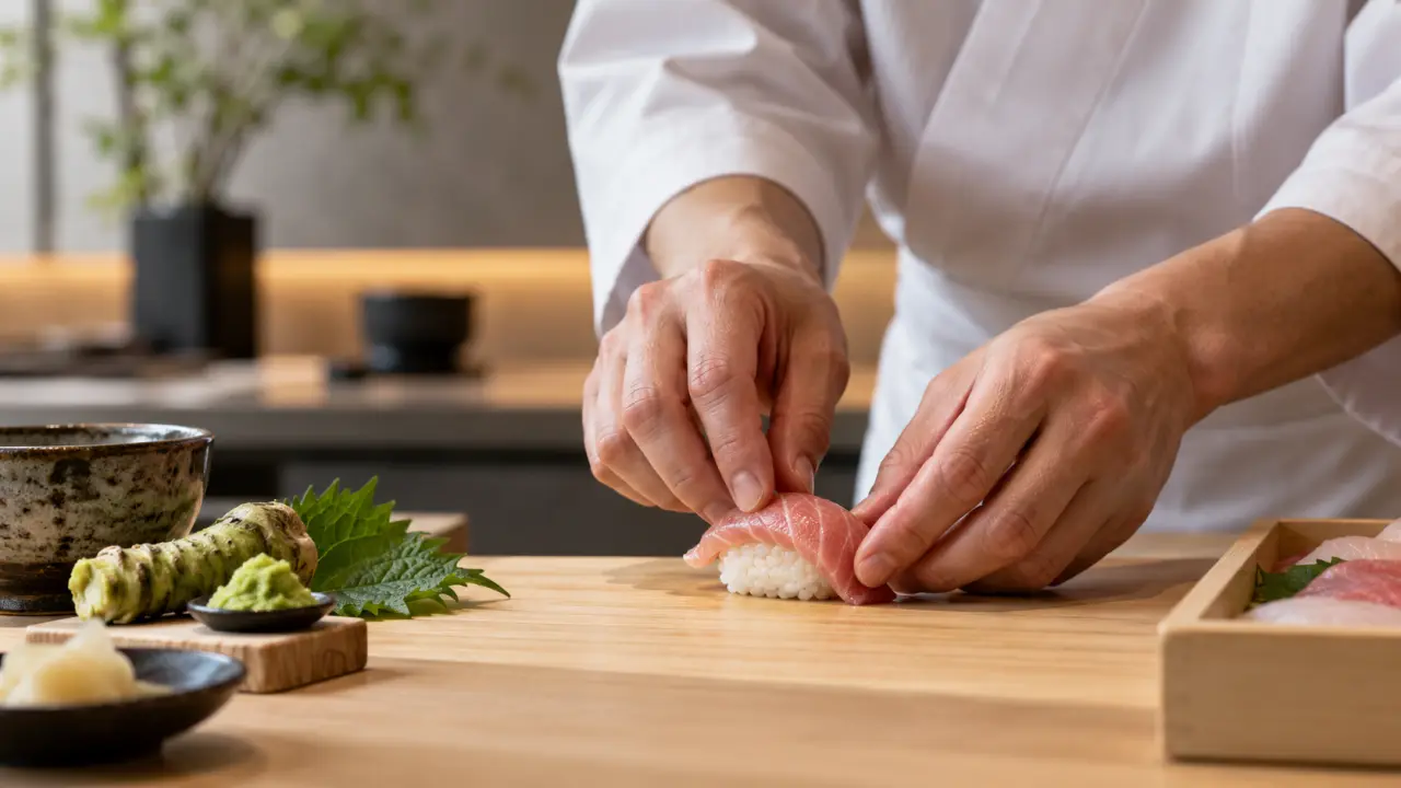 Nigiri japonais présenté sur une céramique artisanale sombre
