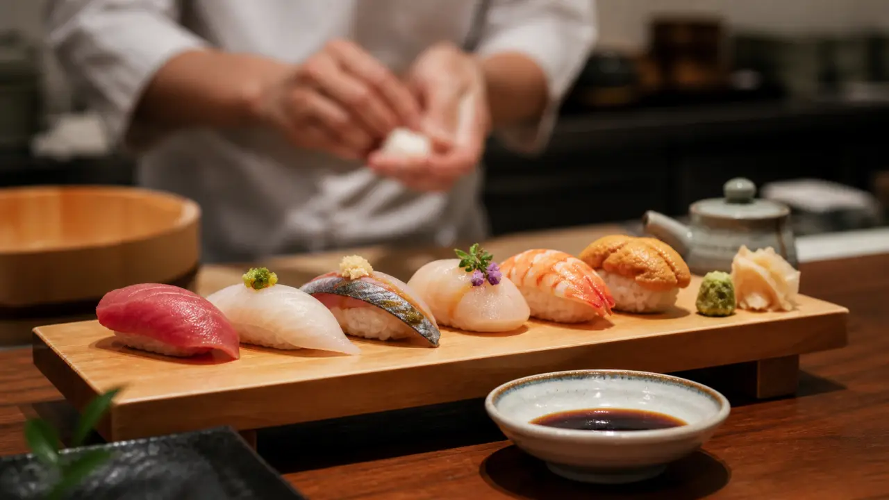 Nigiri unique sur céramique artisanale sombre, éclairage dramatique et esthétique wabi-sabi