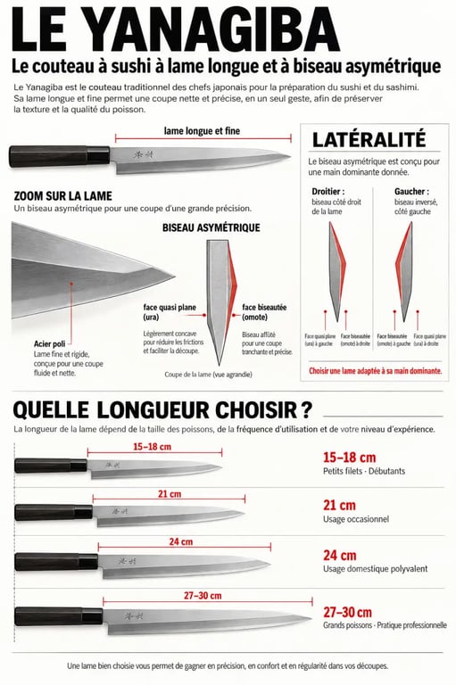 Infographie du couteau sushi Yanagiba, ses longueurs de lame et son biseau asymétrique