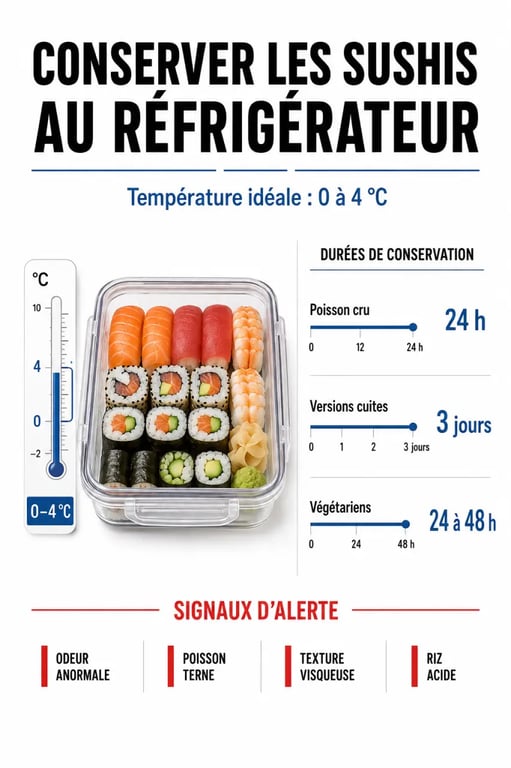Conserver sushi au réfrigérateur : températures, durées et signes d’alerte