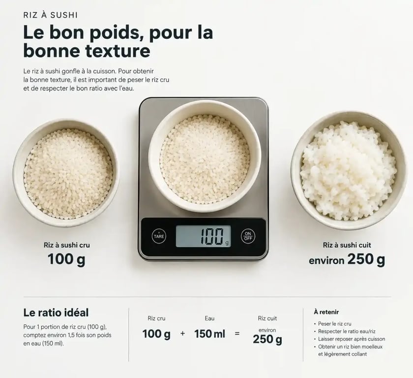 Quantité de riz pour sushi par personne pesée sur une balance