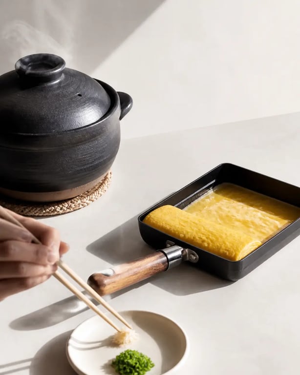 Ustensiles de cuisine japonais spécialisés avec donabe, poêle à tamagoyaki et saibashi en usage