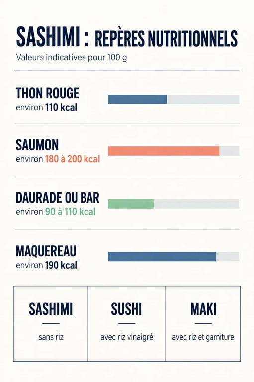 Infographie sur la nutrition sashimi et les calories selon le poisson